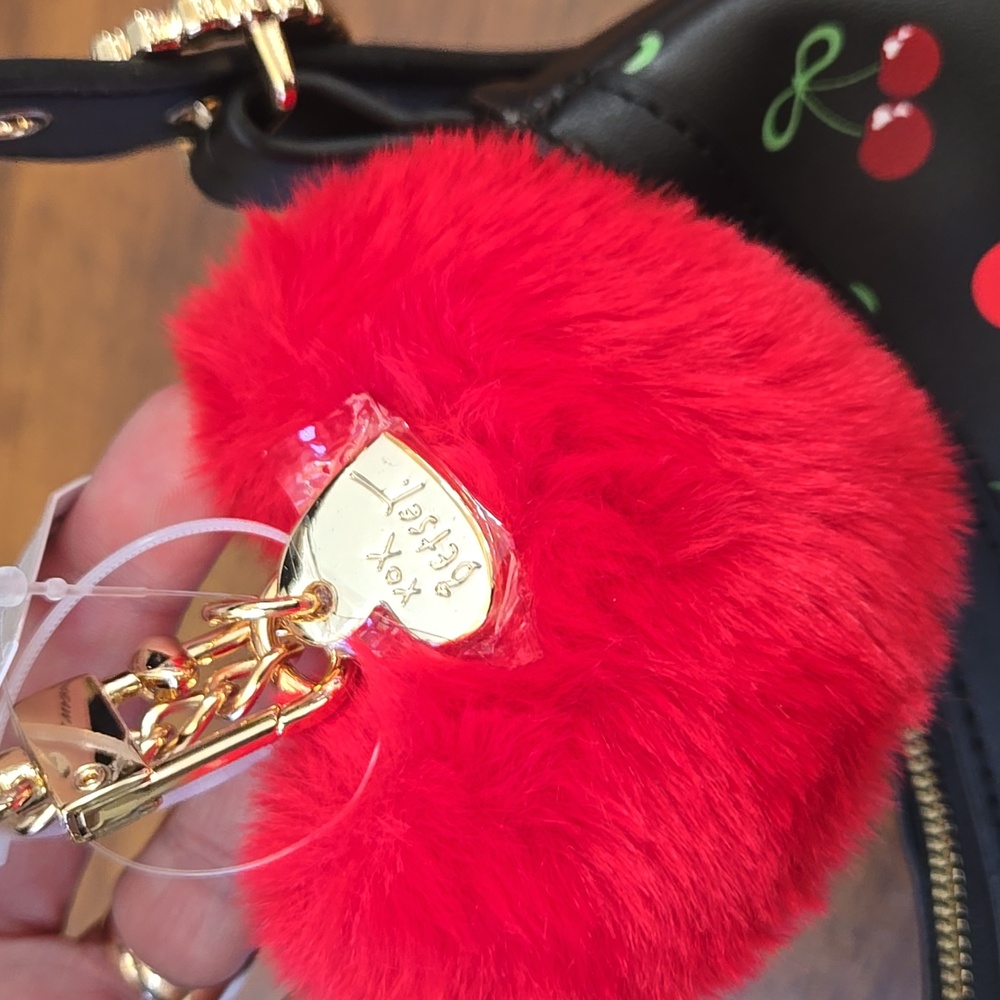 Betsey Johnson BLACK Cherry Bow Bag & Plush Bag Charm Hearts Locket NEW NWT - Picture 6 of 8